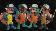 Splatoon 3 Eggstra Work: A group of four Inklings and Octolings in Salmon Run work uniform but one is brown and one is yellow and the other two are orange, with cool hats and poses.
