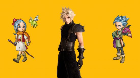 Square Enix financial results header -- in the middle is Cloud Strife, a blonde man with a black outfit and spiky hair. On the right is a cartoon boy with blue hair and a green outfit. On the left is a girl with blue hair and a red outfit. Everyone is superimposed on a mango yellow background.