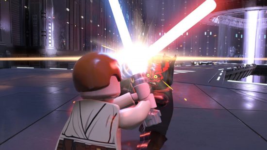Screenshot of the Darth Maul battle from Lego Star Wars: The Skywalker Saga for Star Wars games guide