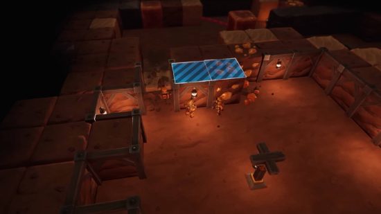 SteamWorld Build Interview: a screenshot from SteamWorld Build shows a small desert town filled with buildings and bustling with steam powered robots