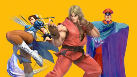 Street Fighter characters on a mango yellow background. On the left, Chun Li, a woman in tights and a blue outfit with high white boots readying a kick in the air. On the right M.Bison, a spooky looking dictator shawled in a purple cape and wearing a militaristic red hat. In the middle, Ken, a man in a karate pose wearing an orange robe with black belt. He has wavy shoulder-length blonde hair.
