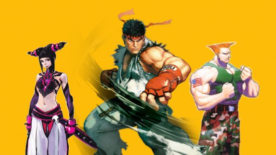 Street Fighter characters on a mango yellow background. On the left, Juri, a purple, white, and black outfitted character with a headress. On the right, Guile, a man with large arms wearing a tank top and camo trousers with a flat-top ginger haircut. In the middle, Ryu, a man in a karate pose with a white robe, black belt, and short black hair. He has a red band tied around his forehead.