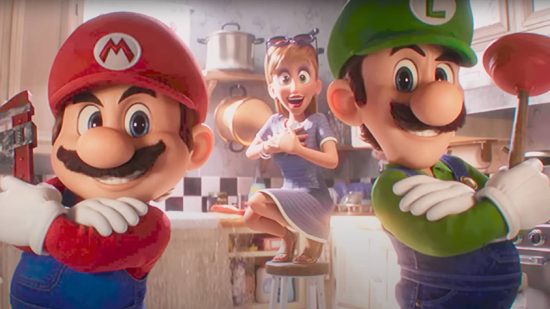 Super Mario Bros movie commercial: Mario and Luigi stand with plungers, after fixing a women's sink