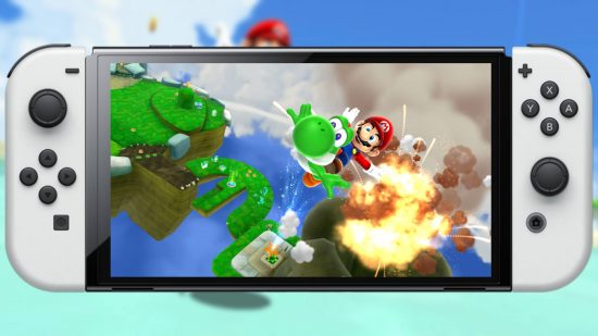 Super Mario Galaxy 2 Switch: an image shows Super Mario Galaxy 2on a Nintendo Switch OLED Model