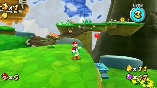 Super Mario Galaxy 2 Switch: an image shows Super Mario Galaxy 2, with Mario sat on a yoshi