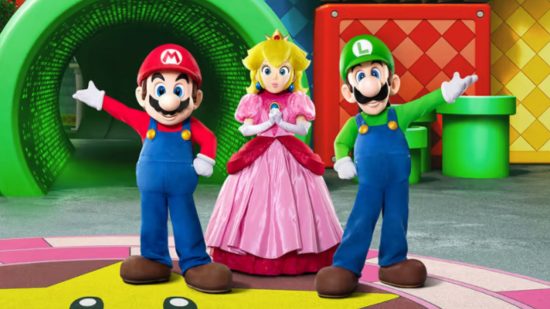 Super Nintendo World's Chris Pratt cameo header -- art from Super Nintendo World showing three people in full body suits of (from left to right) Mario, Peach, and Luigi. Behind them are green pipes and a large red cube, below them a large star with eyes. Mario is a man in a red top and blue dungarees and red cap with a big moustache and arm outstretched in celebratory welcome. Luigi on the other side mirrors this pose and outfit except his red is green. Peach is a blonde-haired princess in a long pink dress and white gloves, hands together as if in prayer.