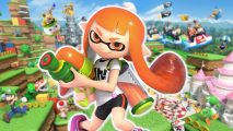 Super Nintendo World Splatoon: A llong orange-haired Inkling from Splatoon holding a Splattershot gun and staring down the camera cheekily, outlined in white and pasted over where Mario should be in the Super Nintendo World key art.
