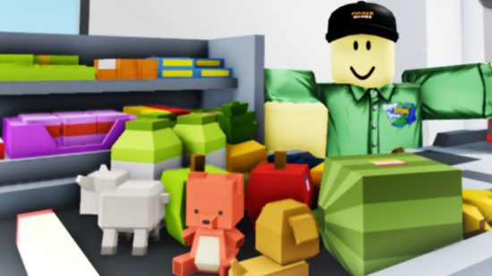 Super Store Tycoon codes key art showing a worker scanning items