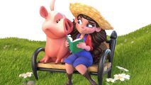 Image from the Supercell development update showing a pig and a woman sat on a steel-armed wooden park bench looking at each other, with wavy grass on a hill behind them. The pig has a cartoon grin. The woman is in a red top, blue dungarees, shin-high brown boots, and a straw hat. She has long black hair and big cartoon eyes, is holding a book open in front of her, chewing on the end of some straw, looking into the pigs eyes humour fully, but kind of suspiciously.