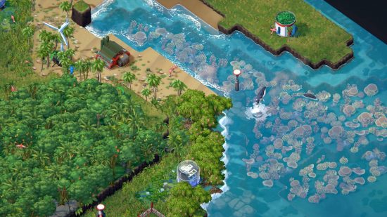 Terra Nil release date: a screenshot from Terra Nil shows a landscape full of nature, inclduign grassy areas, and whales jumping out of water