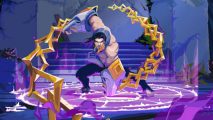 The Mageseeker Switch release date: Key pixel art of Sylas punching the ground and looking forward with yellow chains floating around him and the ground glowing purple.