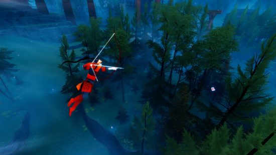 The Pathless Switch review - The Hunter jumping through the air aiming her bow