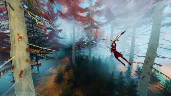The Pathless Switch review - The Hunter flying through the air with Eagle Mother