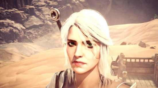The Witcher 3 Ciri: Ciri is facing forward, silver haired, with white top and leather straps. She looks stern, determined, lit by a sandy hill hidden behind her.