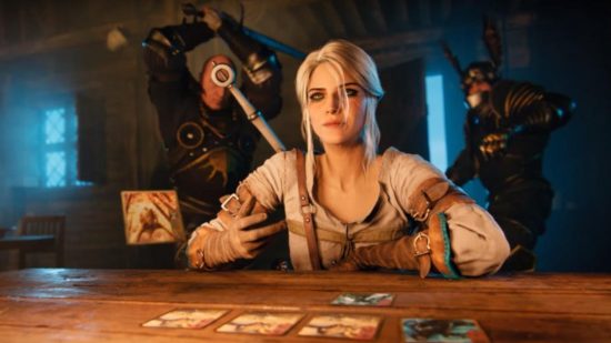 The Witcher 3 Gwent cards: Picture of a white blonde woman talking across a wooden table with cards in front of her.
