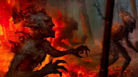 The Witcher 3 Gwent cards: Burning demons coming out of a dark forest.