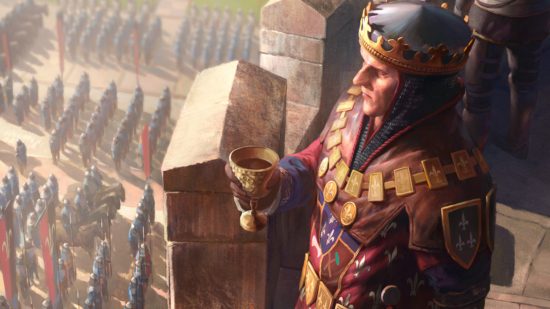 The Witcher 3 Gwent cards: Foltest looking down at his army from a high tower, wearing a crown and drinking wine from a goblet.