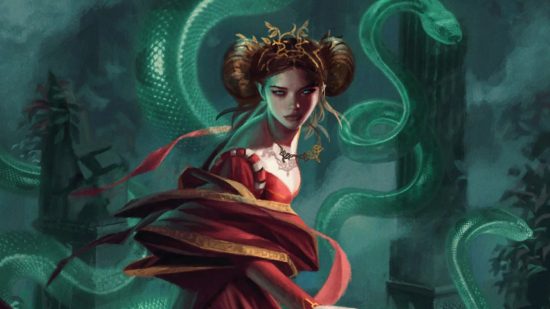 The Witcher 3 Gwent cards: Francesca Findabair in a red dress on a dark green background with snakes.