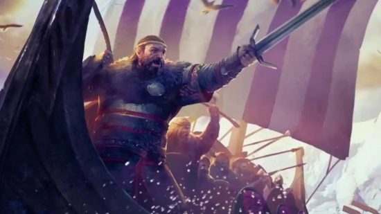 The Witcher 3 Gwent cards: A warrior at the front of a viking ship commanding his troops forward with his sword raised in the air. Behind them is a stripey sail.