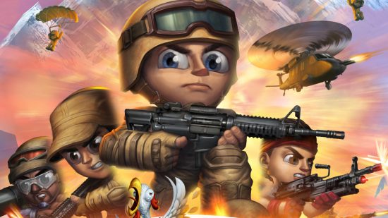 Tiny Troopers Global Ops release date: Key art of Tiny Troopers Global Ops featuring four cartoony soldiers standing in front of a sky filled with parachutes and helicopters. The central soldier is holding a gun and staring down the camera, looking serious.