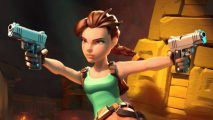 Tomb Raider Reloaded - Lara diving through the air aiming her guns