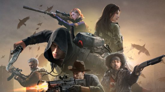 Undawn teaser art showing various characters of different not-to-scale sizes in a misty skyline. At the top is a red haired woman holding a sniper scope to her eye and aiming off to the left. Next to her is a long brow-haired woman looking away and slightly over her shoulder, back to us. In the middle is a man in motion, gun in left hand, hood over his head, backpack on. Below him is a man with large curly hair, headband, and jacket, and lastly next to him is a man in a cowboy hat pointing and firing an assault rifle off to the left.