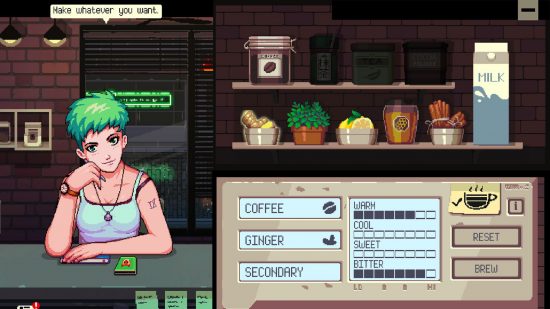 Visual novel games - a green-haired girl sitting in a cafe asking you to make whatever you like