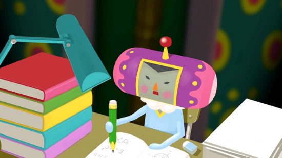 We Love Katamari release date - a cute character with cylinder on its side as a head, blue top, squished square face, holding a pencil, writing notes, on a desk with neatly piled books of varying colours and a lamp.