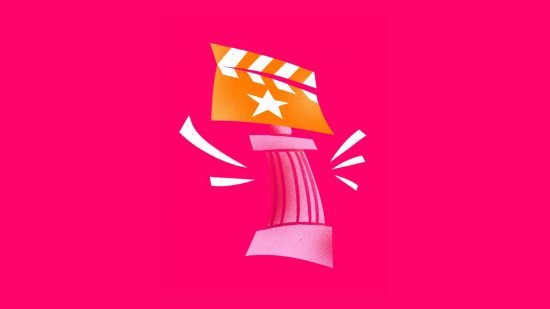 What is Instagram? a cartoony clapperboard a top a pillar in art from Instagram Reels, on a sickly pink background.