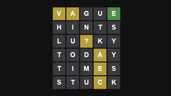 Wordle today hint answer - a five by six grid showing various words with grey, yellow, and green highlights. The words are 'vague, hints, lucky, today, times, stuck'
