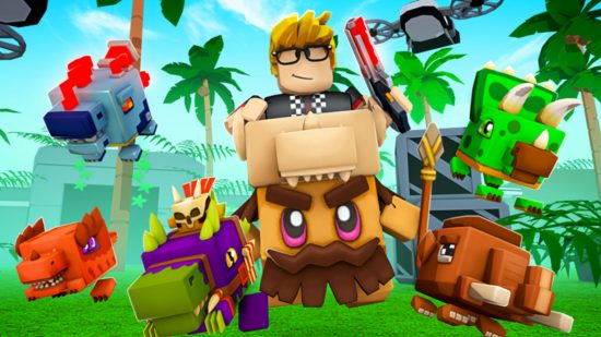 World Defenders codes - a Roblox character holding a weapon and riding a minion, with a bunch of pets around him