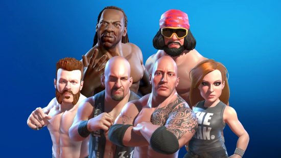 Wrestling games: A range of characters from WWE 2K Battlegrounds on a blue background.