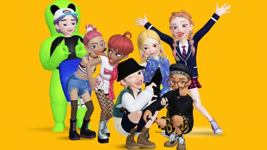 Zepeto backgrounds -- a crowd of Zepeto avatars on a mango yellow background . There's a woman with ginger pigtails in a school uniform, hands outstretched in celebration, behind a person kneeling in a black outfit, hand over mouth, with brown glasses, next to a blonde woman with her hand on her chin in a V, wearing a blue jacket, next to another person squatting in black bucket hat while winking, next to a short-red-haired woman in. a red and white top beside another woman with her hair tied up in blue jorts next to a man in a large green alien costume.