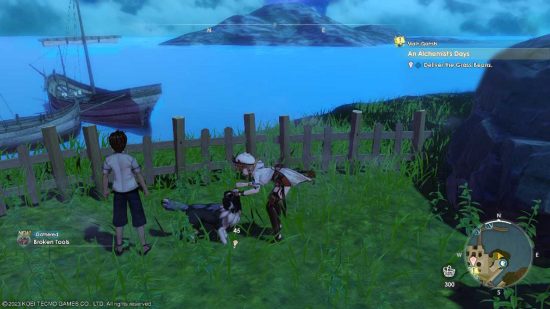 Revisión del cambio de Atelier Ryza 3: Ryza parado en una colina con vista al océano mientras acaricia a un perro