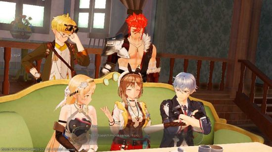 Revisión del cambio de Atelier Ryza 3: Ryza y cuatro de sus amigos se sentaron en un sofá, dicen los subtítulos "Eso no tiene sentido Ryza"