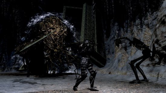Dark Souls Nito boss room full of skeletons and the protagonist trying to kill them