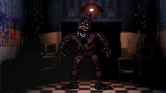 Custom image of Nightmare Freddy in a Five Nights location for FNAF Freddy guide