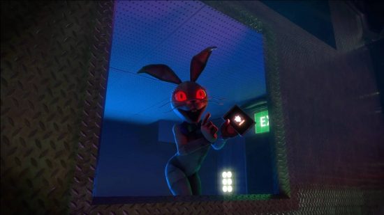 FNAF Vanny: a human in a rabbit suit appears in a window, ready to press a button on a remote
