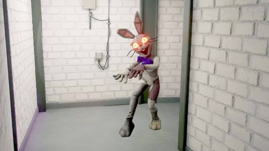 FNAF Vanny: a human in a rabbit suit creeps down a hallway