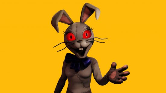 FNAF Vanny: a large rabbit with wide red eyes appears aaginst a yellow background