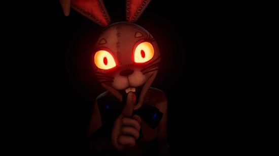 FNAF Vanny: a human in a rabbit suit appears through the pitch black, leaning towards the viewer
