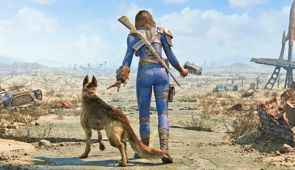 Fallout Switch - A woman and a dog walking through a desolate desert