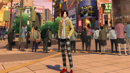 Persona 5 X characters: the protagonist in a busy square