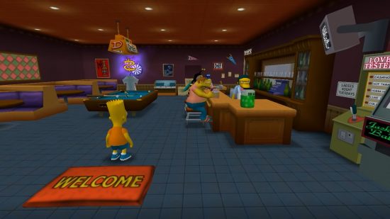 The Simpsons Hit and Run remake - Bart Simpson walking into Moe's Tavern to see Moe and Barney