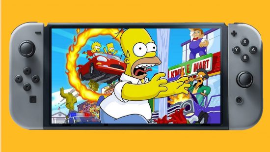 The Simpsons Hit and Run remake - Homer from the Simpsons running away from a car shown on a Nintendo Switch screen