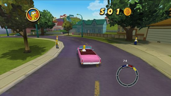 The Simpsons Hit and Run remake - Homer driving a pink car down the road