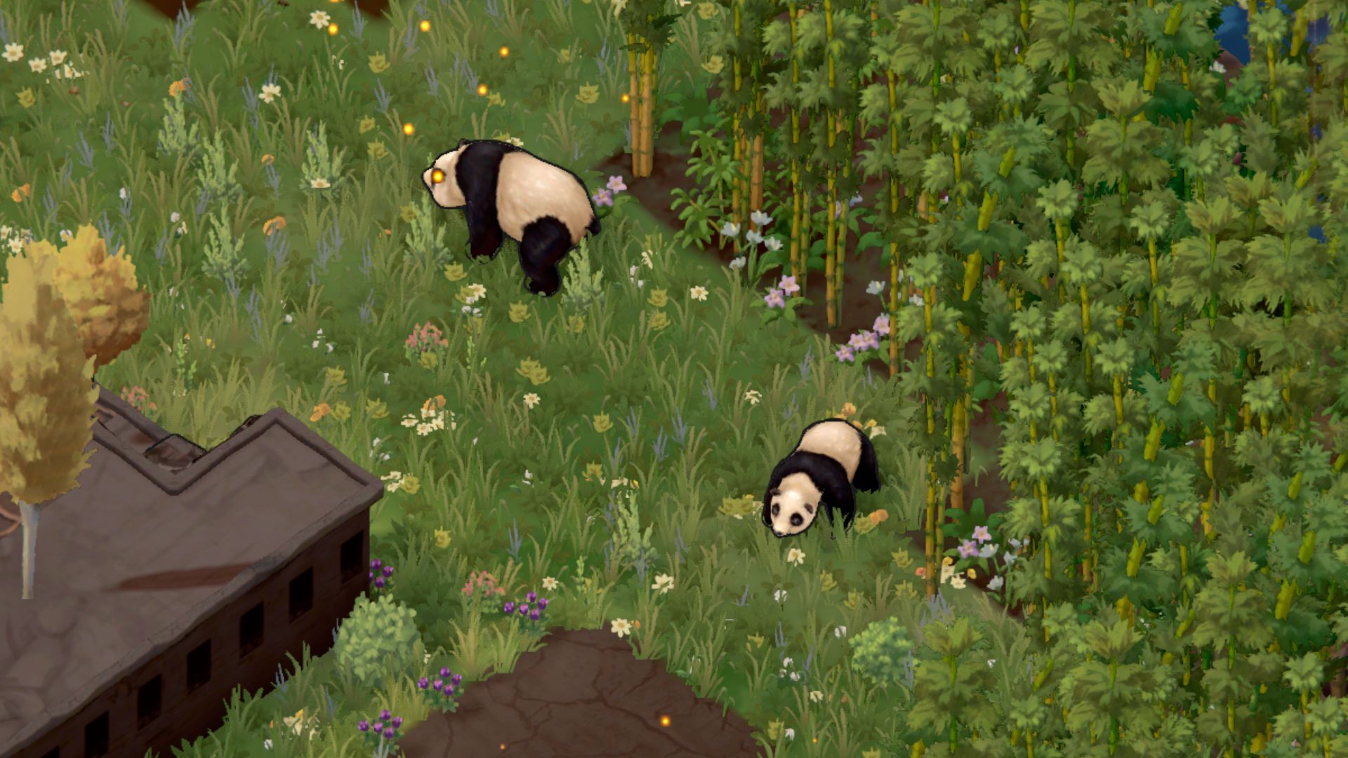 Terra Nil review - panda bears walking next to a field of bamboo