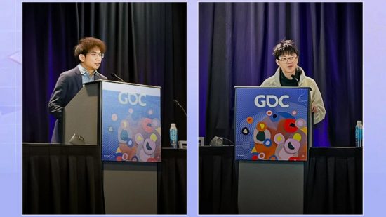 Ace Racer GDC panel showing two members of the Ace Racer development team speaking