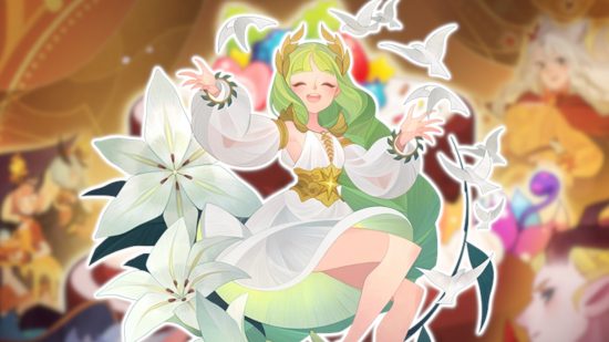 AFK Arena anniversary: Flora's key art outlined in white and pasted over a blurred image of the Bake 4 AFK cake.