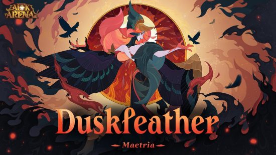 AFK Arena Maetria: Key art of Maetria surrounded by birds on a fiery background. Text below her reads 'Duskfeather Maetria'.